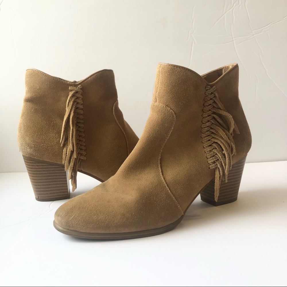 G.H Bass and Co suede tan high heeled booties with fringe detail